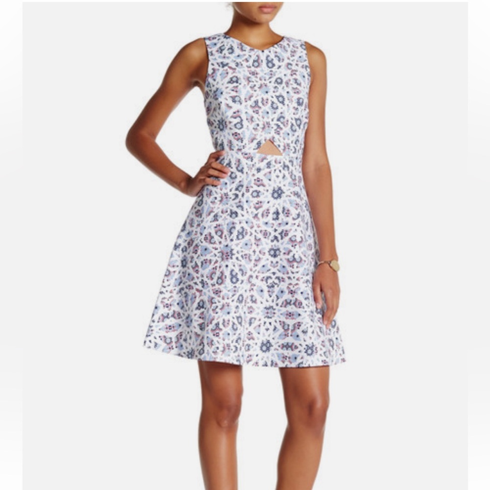 CeCe White Mosaic Print Cutout Fit & Flare Dress
